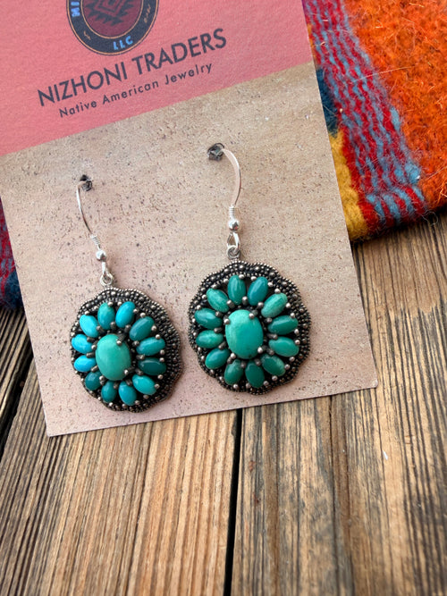 Old Pawn Handmade Sterling Silver & Turquoise Cluster Dangle Earrings
