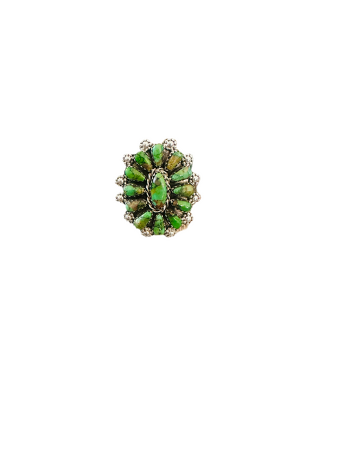 Old Pawn Navajo Sterling Silver & Green Turquoise Cluster Ring Size 9 by Leander Nez