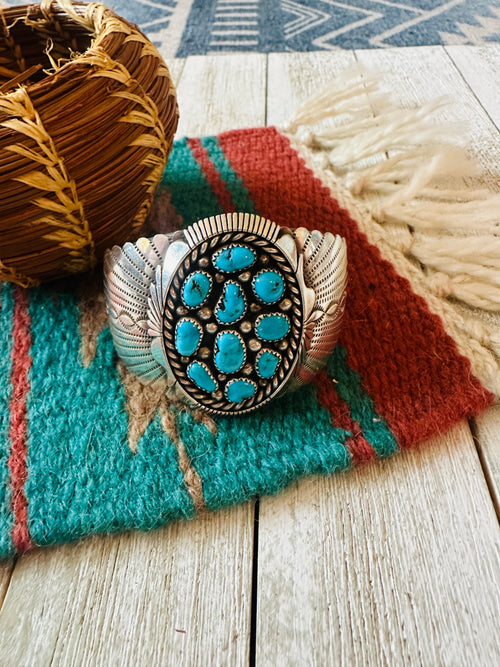 Old Pawn Navajo Sterling Silver & Turquoise Cluster Cuff Bracelet
