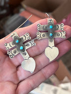 Hand Stamped Sterling Silver Dragonfly Cross Heart Dangle Earrings with Kingman Turquoise by Kimari Somers, Shaped Bars