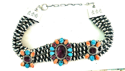 Navajo Spiny, Turquoise & Sterling Silver Beaded Choker Necklace