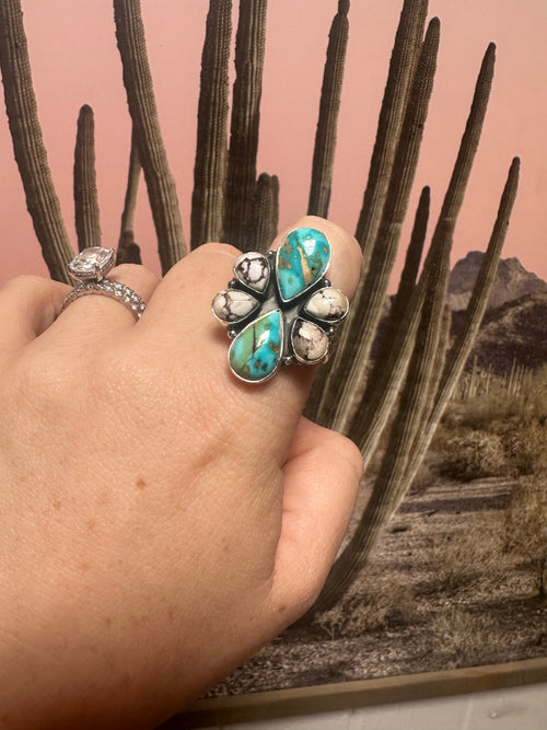 Beautiful Handmade Sonoran Mountain Turquoise, Wild Horse And Sterling Silver Adjustable Ring