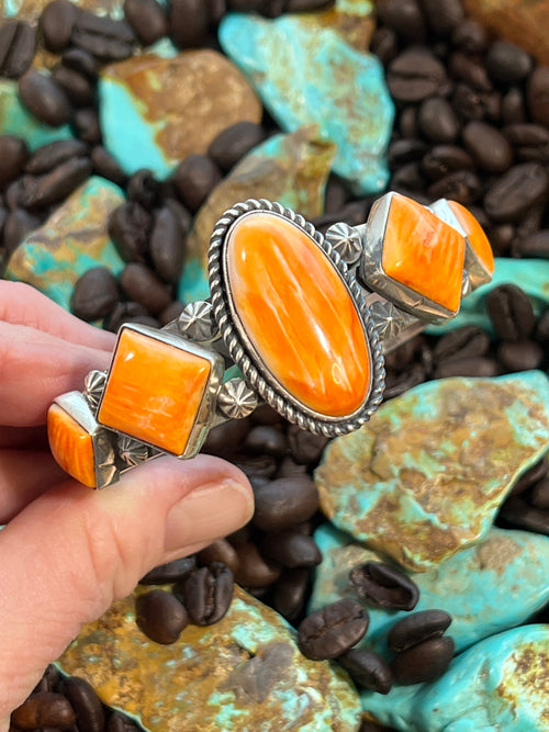 Apache Sterling Silver and Orange Spiny Oyster Shell Geometric Row Cuff by Rosella Paxson