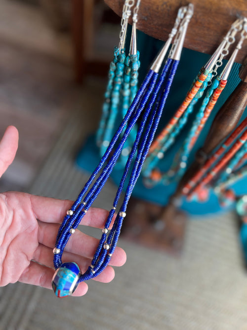 Daniel Coriz Triple Strand Lapis Beaded Necklace w/ Removable Sterling Silver & Stone Inlay Bead