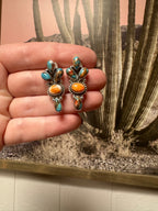 Handmade Orange Spiny, Turquoise Mojave And Sterling Silver Earrings