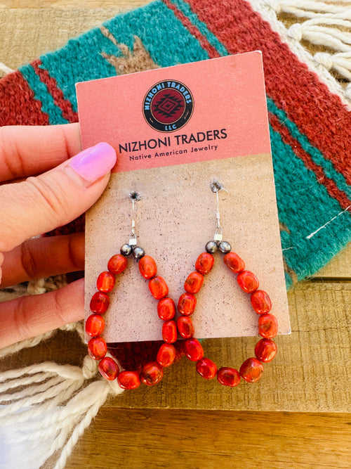 Navajo Sterling Silver Apple Coral Beaded Dangle Earrings