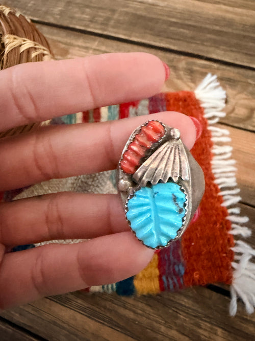 Old Pawn Handcrafted Turquoise, Coral & Sterling Silver Ring Size 12
