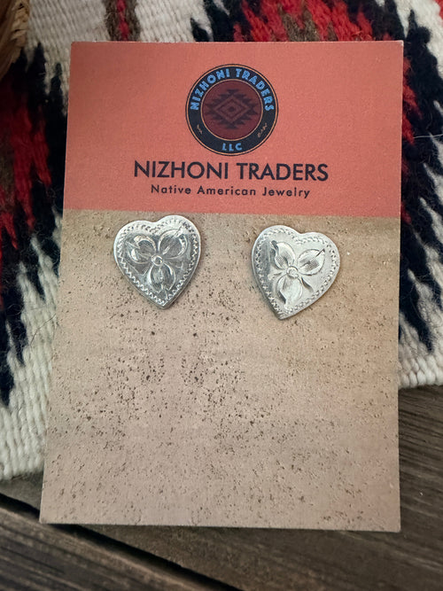 Old Pawn Handcrafted Sterling Silver Heart Stud Earrings