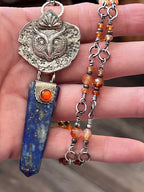 Tularosa Rosary Style Sterling Silver, Lapis Lazuli and Carnelian Ancient Owl Talisman Necklace