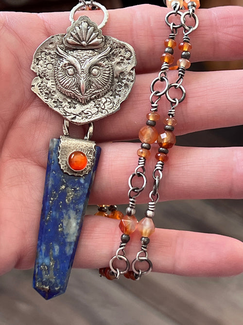 Tularosa Rosary Style Sterling Silver, Lapis Lazuli and Carnelian Ancient Owl Talisman Necklace