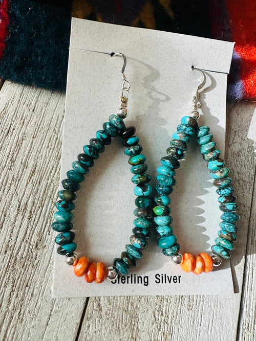 Navajo Turquoise, Spiny & Sterling Silver Beaded Hoop Earrings