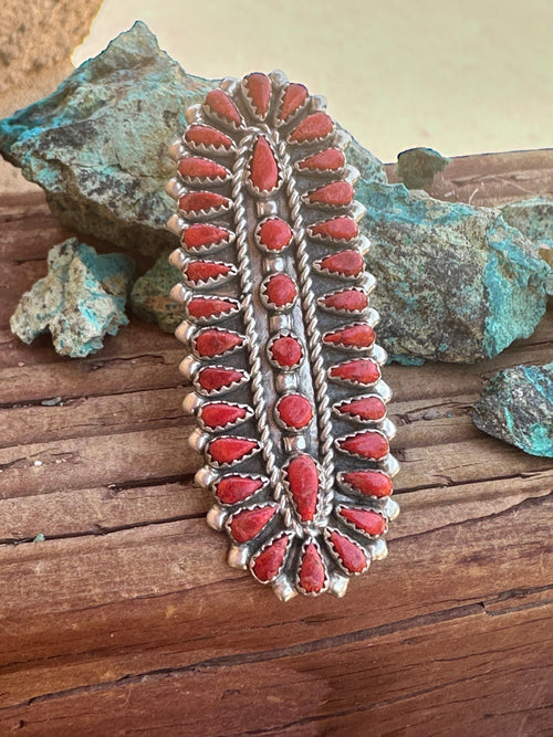 Old Pawn Coral and Sterling Silver Petit Point Ring Size 8