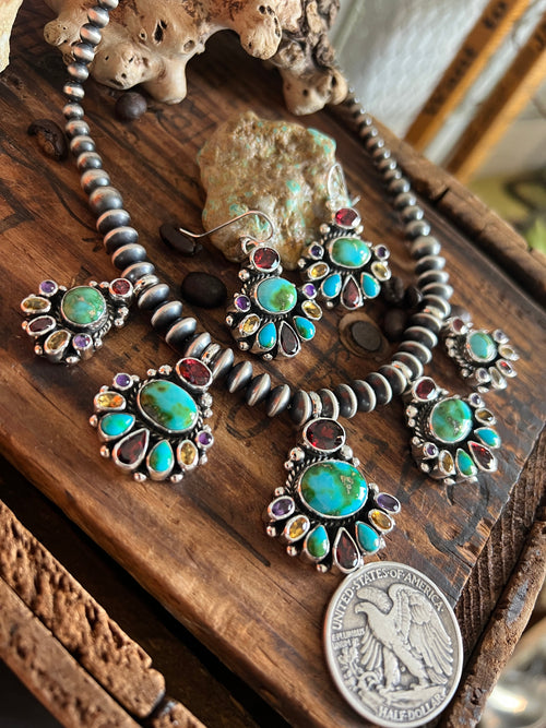 Navajo Made Sterling Silver Gems & Jewels Beaded Cluster Necklace and Earrings Set by Dianne Wylie