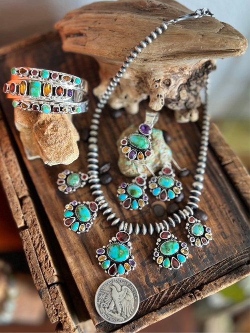 Navajo Made Sterling Silver Gems & Jewels Beaded Cluster Necklace and Earrings Set by Dianne Wylie