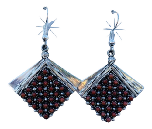 Zuni Sterling Silver & Coral Petit Point Dangle Earrings