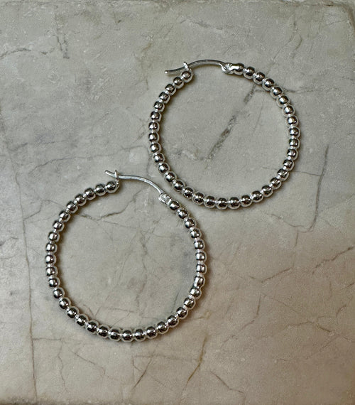 Beaded Hoop Earrings Sterling Silver 1 1/4”