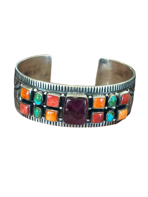 Navajo Electric Rainbow Turquoise and Spiny Oyster Cuff Bracelet by Bernyse Chavez