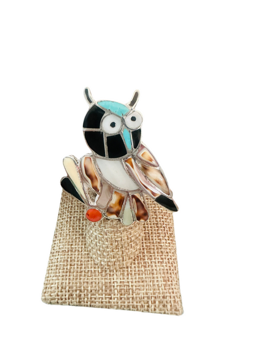 Old Pawn Zuni Sterling Silver & Multi Stone Inlay Owl Ring Size 7