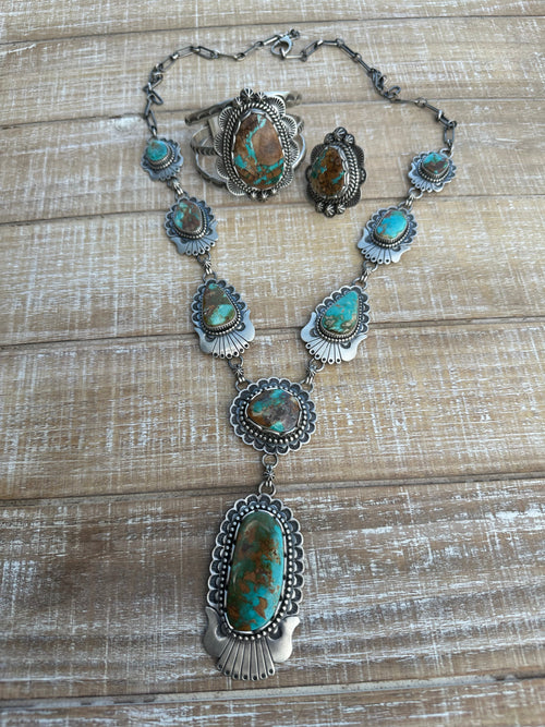 Charles Johnson Navajo Royston Turquoise & Sterling Silver Necklace, Bracelet and Ring  Set Signed