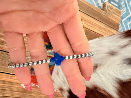 Handcrafted Lapis and Sterling Silver Pearl Quatrefoil Beaded Necklace