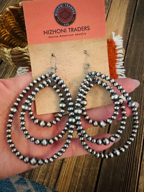 Handcrafted Sterling Silver Pearl Beaded Dangle Hoop Earrings