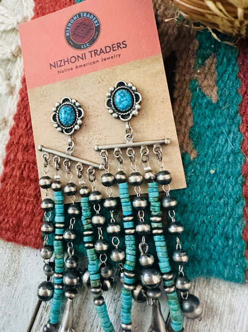Navajo Turquoise & Sterling Silver Pearl Beaded Tassel Dangle Earrings