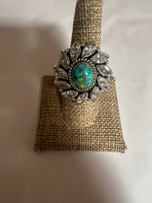 Beautiful Handmade Sonoran Mountain Turquoise , CZ And Sterling Silver Adjustable Ring