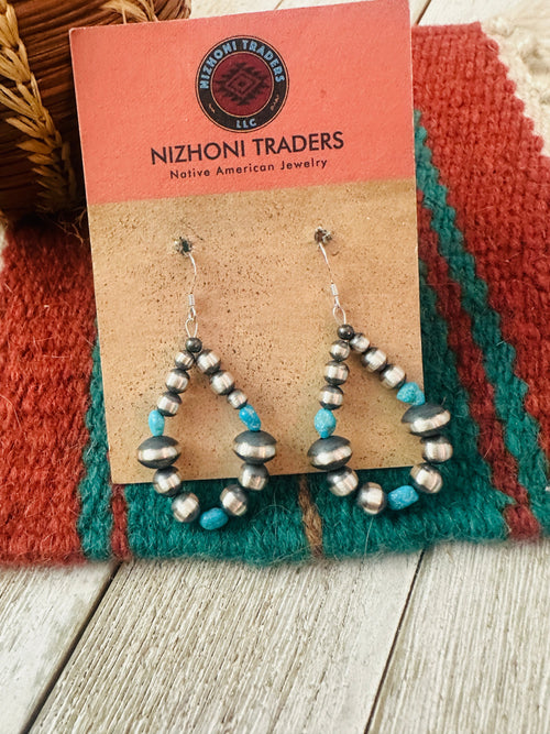 Handcrafted Turquoise & Sterling Silver Beaded Dangle Hoop Earrings