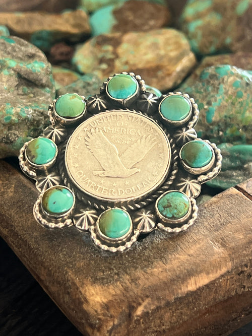 Apache Sterling Silver, Barber Quarter and Hubei Turquoise Cluster Ring by Rosella Paxson, Size 8
