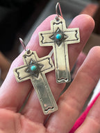 Hand Stamped Sterling Silver Cross Dangle Earrings with Turquoise by Kimari Somers