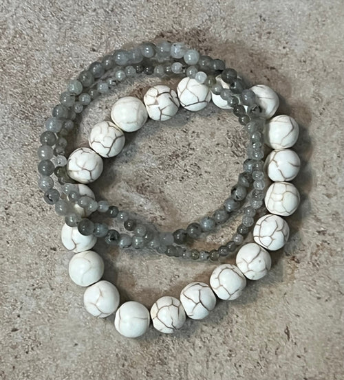 Cream Howlite Stretch Bracelet Set of 3-Gray