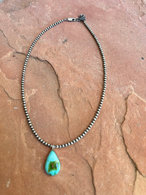 Handmade Navajo Pearl Style Sterling Silver Sonoran Mountain Beaded Necklace TEARDROP