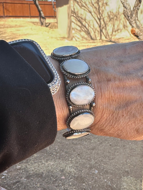 Old Pawn Navajo Sterling Silver & Mother of Pearl Cuff Bracelet
