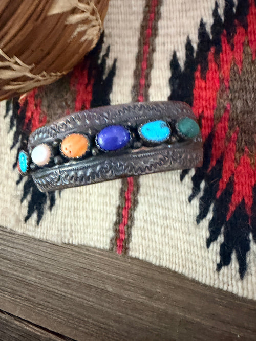 Handcrafted Old Pawn Sterling Silver & Multi Stone Cuff Bracelet by Wilbert Begay