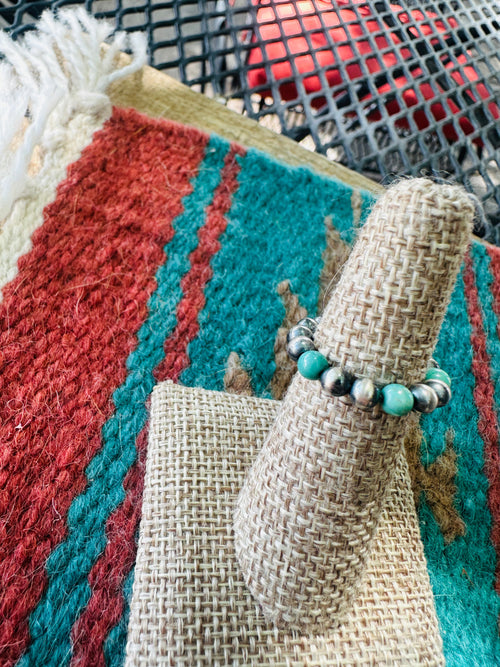THE VENICE BAND Handmade Sterling Silver Navajo Pearl Style Turquoise Beaded Stretch Ring