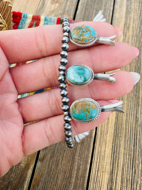Handcrafted 3mm Sterling Silver Pearl & Turquoise Blossom Stretch Bracelet