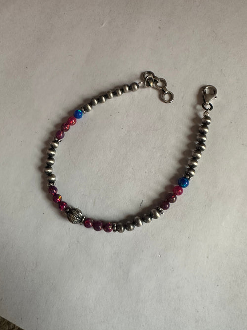 Handmade Sterling Silver, Blue Pink Purple Fire Opal Beaded Bracelet