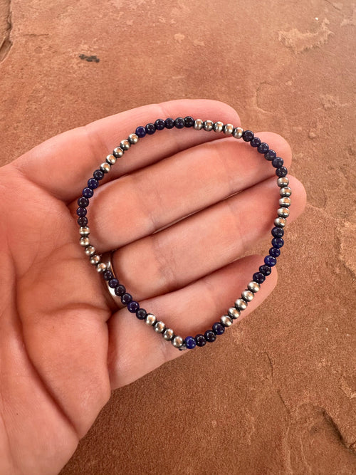 Handmade Lapis & Sterling Silver Beaded Stretch Bracelet