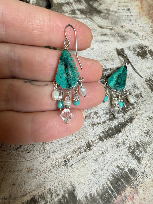 “The Golden Collection”  Electric Sky Handmade Turquoise, Mother of Pearl Beaded Surgical Steel Earrings