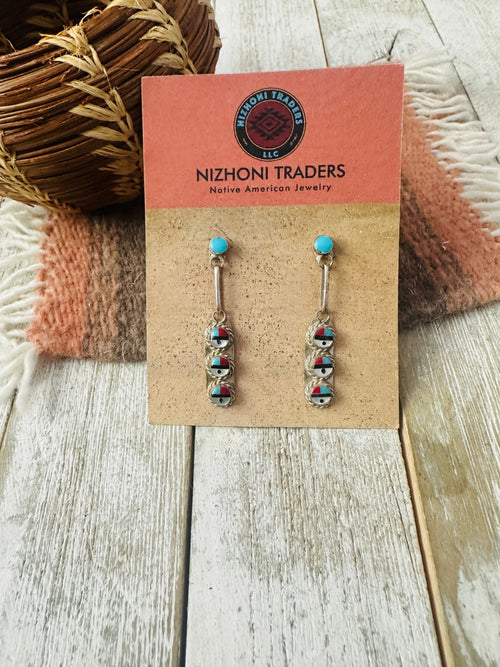 Old Pawn Zuni Multi Stone & Sterling Silver Inlay Sun Face Earrings