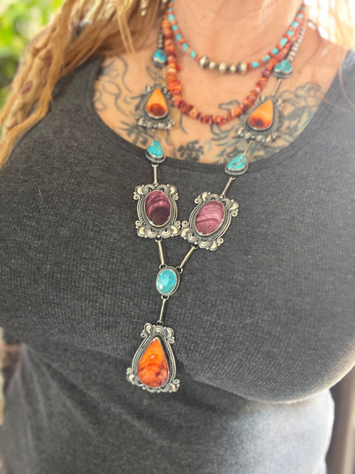 Artisan Kingman Turquoise, Spiny Oyster and Sterling Silver Bead Necklace
