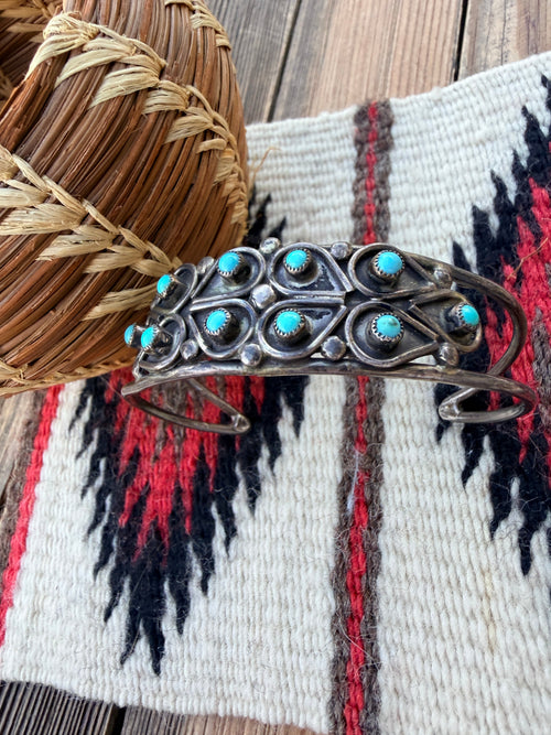 Handcrafted Old Pawn Sterling Silver & Turquoise Petit Point Cuff Bracelet