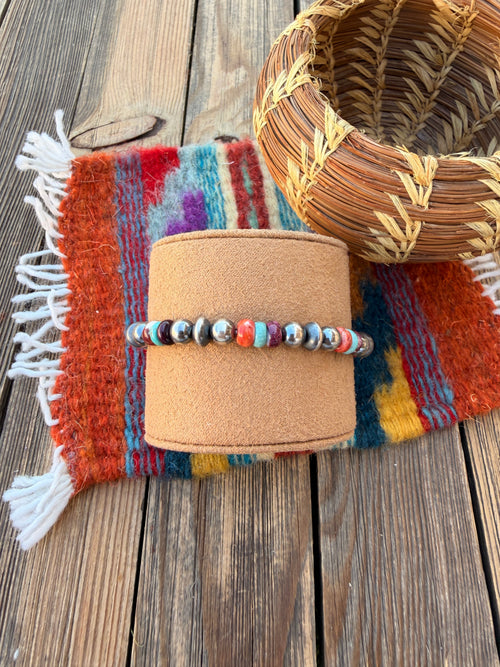 Handcrafted Spiny Oyster, Turquoise & Sterling Silver Beaded Stretch Bracelet