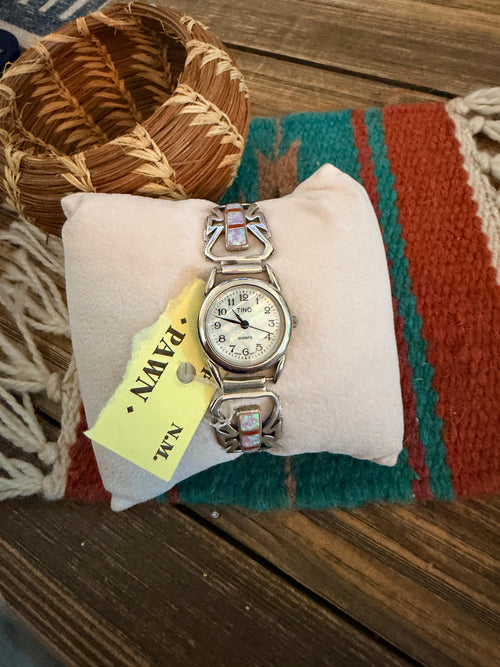 Handcrafted Old Pawn Opal, Coral & Sterling Silver Inlay Watch Band