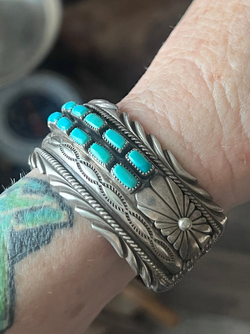 Estate Collection Vintage Sterling Silver and Kingman Turquoise Row Cuff by James Martin