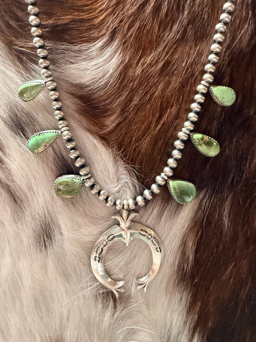 Handcrafted Sonoran Gold and Sterling Silver Squash Blossom Necklace