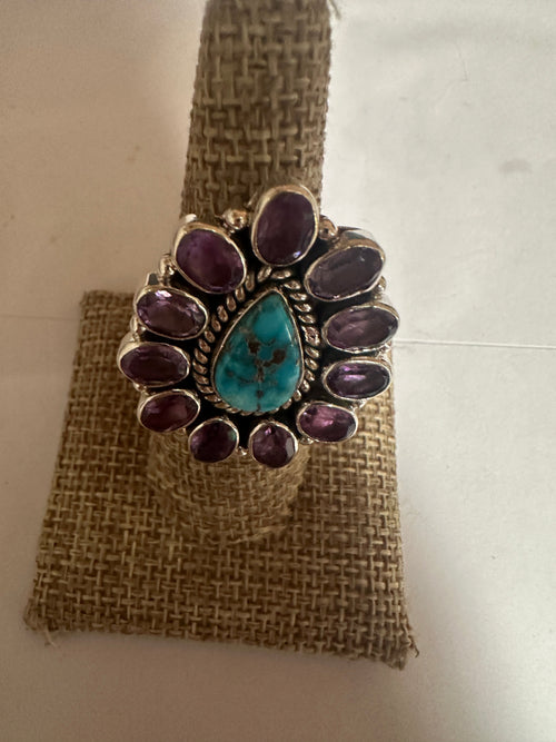 Handmade Sterling Silver, Amethyst, Sonoran Mountain Turquoise Cluster Adjustable Ring