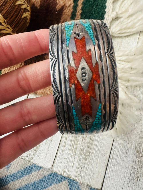 Old Pawn Navajo Coral, Turquoise & Sterling Silver Chip Inlay Cuff Bracelet