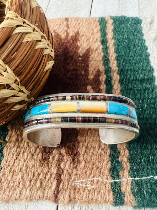 Old Pawn Navajo Multi Stone & Sterling Silver Inlay Cuff Bracelet