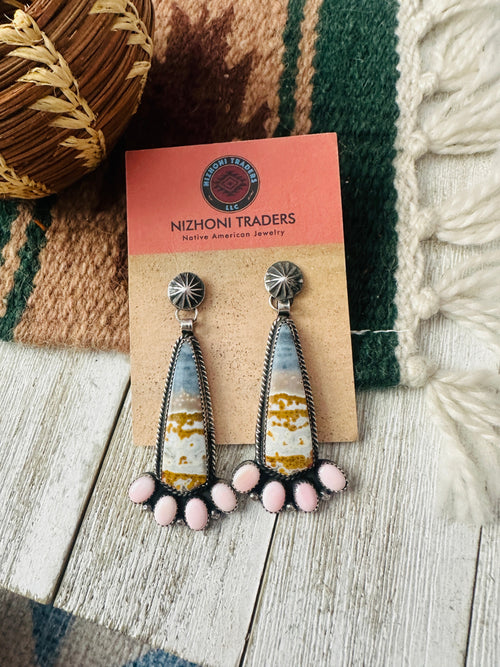 Old Pawn Navajo Fossilized Coral, Queen Pink Conch & Sterling Silver Dangle Earrings